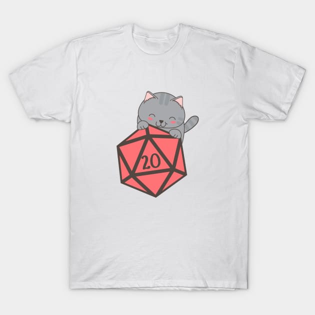 Cute Cat with Polyhedral D20 Dice T-Shirt by dungeonarmory